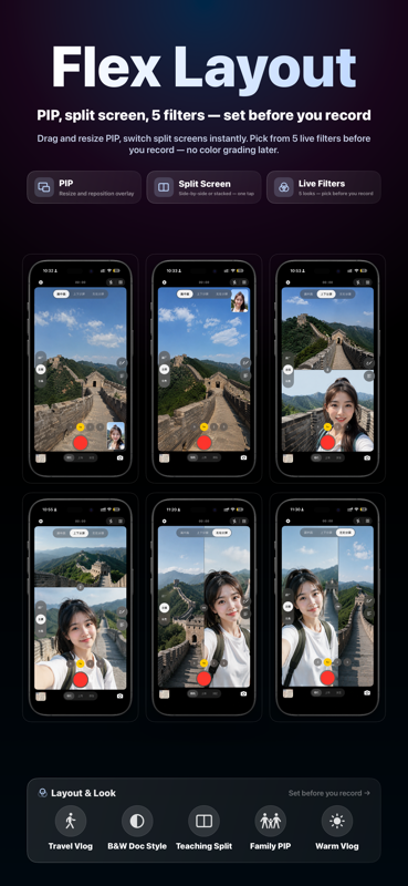 Flexible Layout + Live Filters — PIP, split-screen, 5 color tones