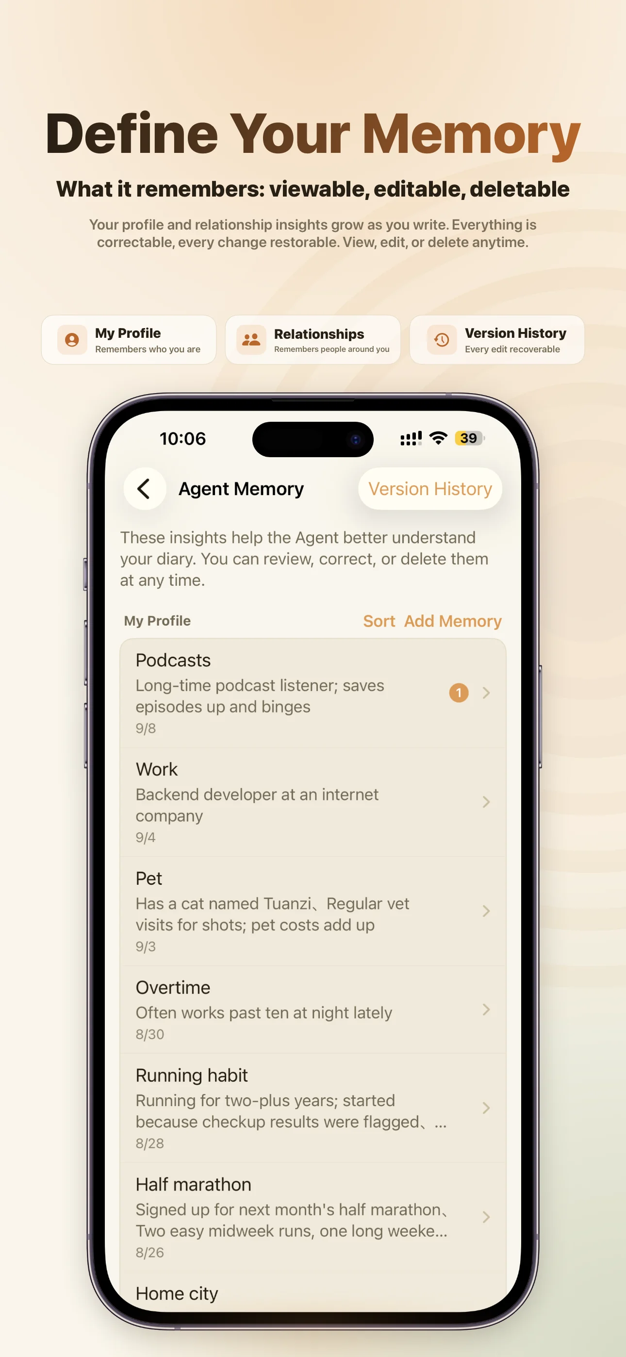 Memory you define — profiles you can view, correct, or delete