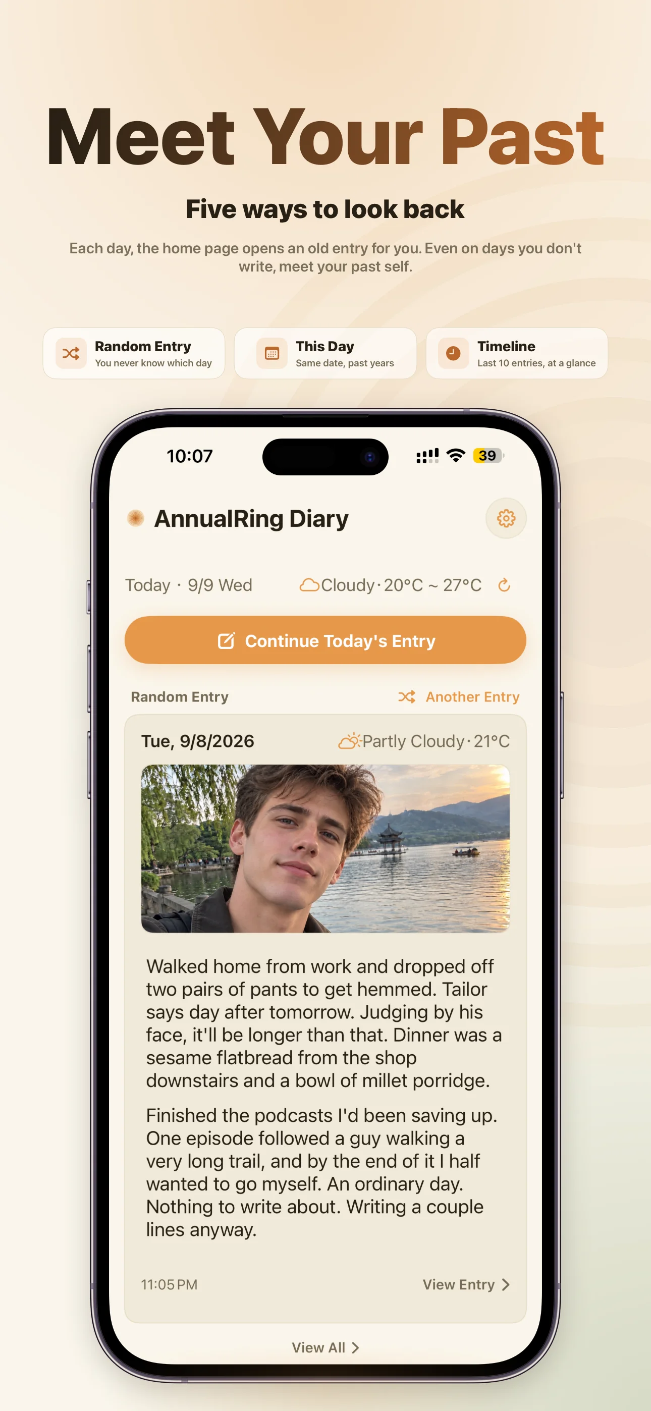 Reunite with the past — random entry, this day in past years, timeline